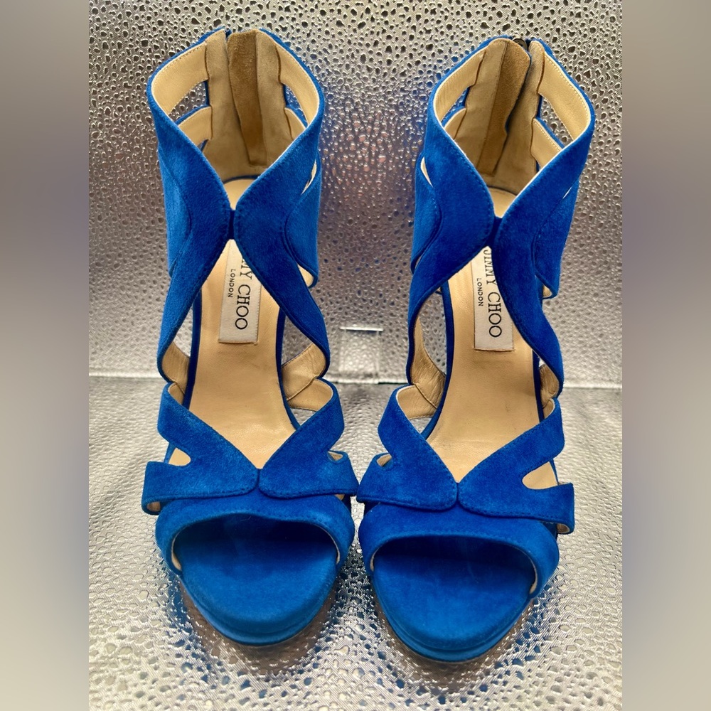 JIMMY CHOO $875 Cobalt Blue Suede Zip Up Heels Sandals Open Toe Cutouts 37 7